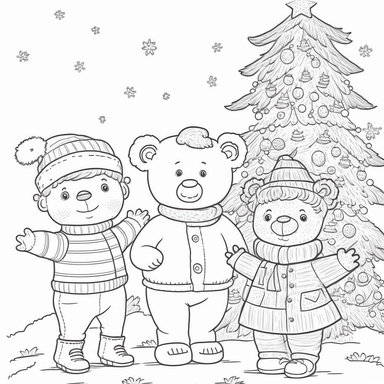 Coloring book page for kids, a Christmas tree, cute little bears in human costume, wearing Christmas hat, laughing, build a snowman, clipart, cartoon kids style hand drawn line art, black and white
