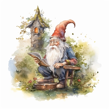 watercolour wizard animated clipart character, laughing look standing reading a book of spells, by a small stone cottage in a forrest clearing , set against a solid white background, ultra high definition, size 2048x2048