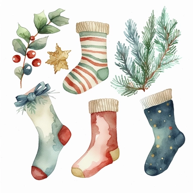 watercolor christmas socks decoration,clipart,on white background