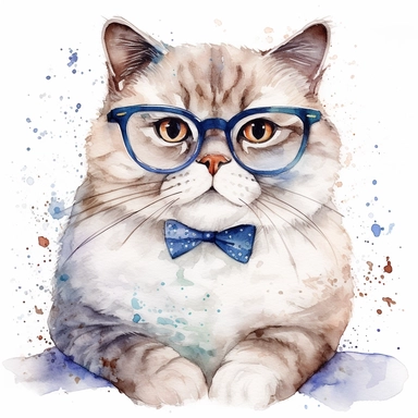 high quality hand drawing watercolor cute fat cat with in eyeglasses, high detailed, white flat background, wallpaper, watercolor, clipart, 8k
