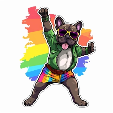 funny sticker, white background, french bulldog, funny dancing, funny rainbow clothing, in style lgbtq, full body, clipart