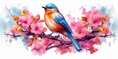 Watercolor Birds isolated illustration. Bird spring clipart isolated on white background. Animal and Flowers neon illustration