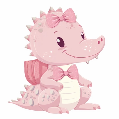clip art of cute pastel pink girl alligator with school bag white background