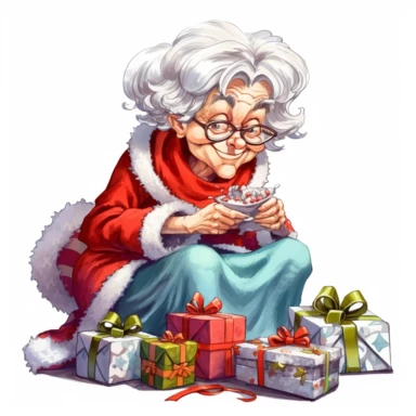 clipart digital svg cartoon of mrs claus wrapping gifts for christmas, on a whte background no shadow