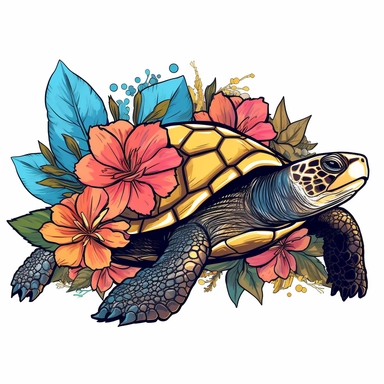 Vector Graphics turtle clipart Example: Midjourney image of a vector graphics turtle and flowers clipart with a white background sticker