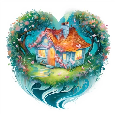 painting of a heart with a spring cottage inside of it, in the style of enchanting realms, nature-inspired installations, bloomcore, mesmerizing colorscapes, skillful, fluid and organic, cottagecore, clipart, blank white background