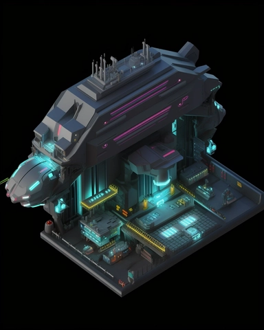 isometric perspective, game sprite, futuristic small spaceship hanger concept, gaming asset, sci-fi, fun, creative, cartoon, clipart, hyper-detailed, black background,