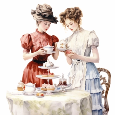 watercolor, hyper realistic, white background, white margins, 16k, ultra detailed clipart, cut out image, hand-drawn two Victorian girls participating in the traditional afternoon tea ritual, complete with a tiered cake stand, tea pot, and cups, capturing the elegance of the era.