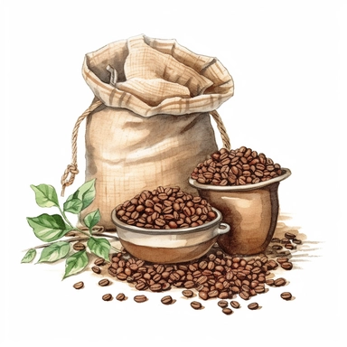 Create individual watercolor clipart images of a vintage café spring coffee beans in a bag