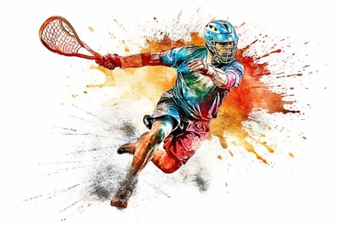 Watercolor, Design a shot of a lacrosse player scoring a goal with a powerful shot clipart, hd, on a white background, spaced out