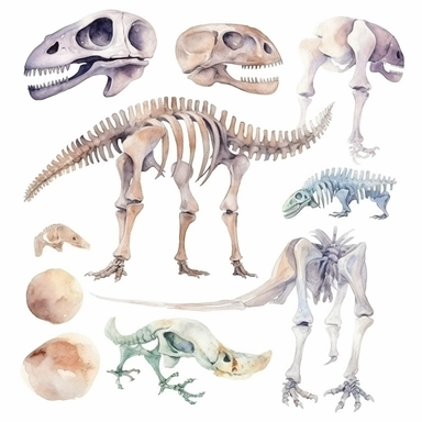 Watercolor dinosaur bones clipart, white isolated background, space out, hd