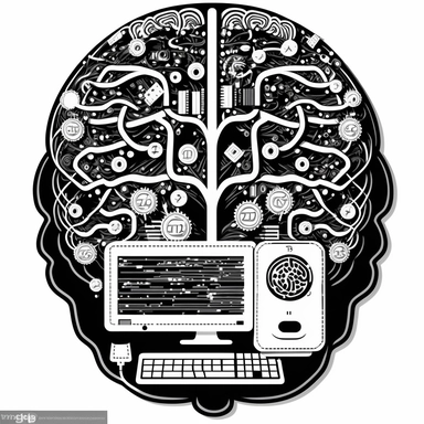 clipart of an hacked electronic brain with a computer monitor, lines of code and keyboards in the centre. Beautiful, flat, complex, manga style, black and white, round image borders