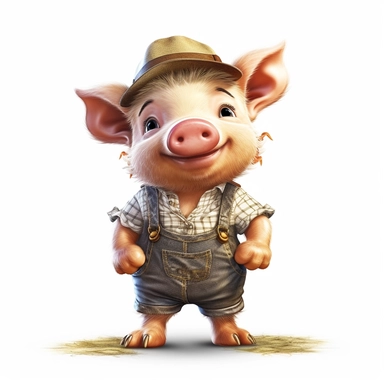 Adorable cute fantasy baby pig dressed like farmer standing in dynamic pose,front view,fullbody,sharp through out,happy expression, nursery art, clipart image, lineart image, white background, very detailed, 8k, composition wide shot