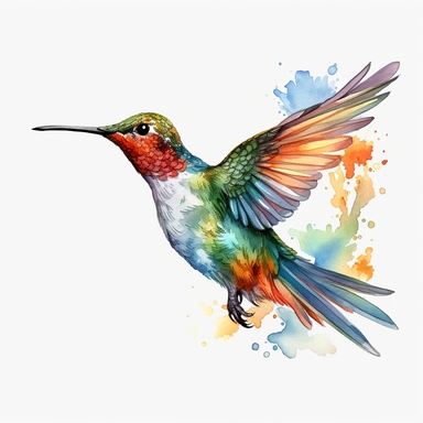 watercolor hummingbird, high details, intricate details and no color bleed, HD, 8k, solid white background clipart