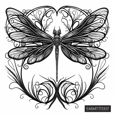 symmetrical dragonfly style fairy wings in art nouveau style, black lines, detailed, flat design, flat flowers embedded into the wings, white background, clipart style, black and white,