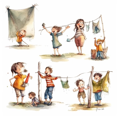 multiple poses characters of family enjoy with Clothesline, watercolor in medieval cartoon grunge style clipart on white background
