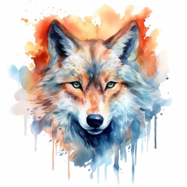A wolf's head or a full-body image, symbolizing strength, courage, and leadership, fire, watercolor art, clipart