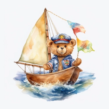 Watercolor captain teddy bear on boat clipart, magic fantasy, hd, white background