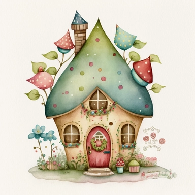 A watercolor painting of cute christmas house, christmas elf house, christmas house, cute detailed digital art, inspired by nicoletta ceccoli, by Kubisi art, whimsical and cute, by nicoletta ceccoli, cute detailed artwork, glimmering, adorable and whimsical, whimsical art, Clipart style, png style, svg style, blank white background, a solid white background
