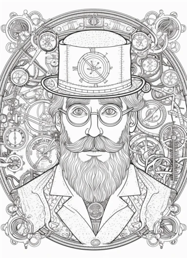 portraits of smiling and distinguished mature man, beard and mustache without glasses, dressed in steampunk elements, line art for coloring book, black and white, line art, coloring page, printable, thin lines, no details, no shadows, sharp lines, illustration, vector, clipart