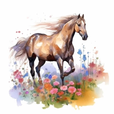 detailed watercolor clipart, photography style, beautiful horse, in a meadow, full body, spring floral,self shadow, white background