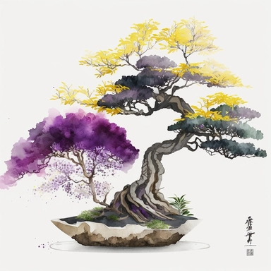 watercolor bonsai tree clipart, purple and yellow, white background
