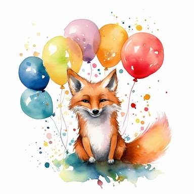 please create watercolor clipart of a fox smiling, wearing party BALOONS AND GUM and bubbles, colorful, WHITE BACKGROUND
