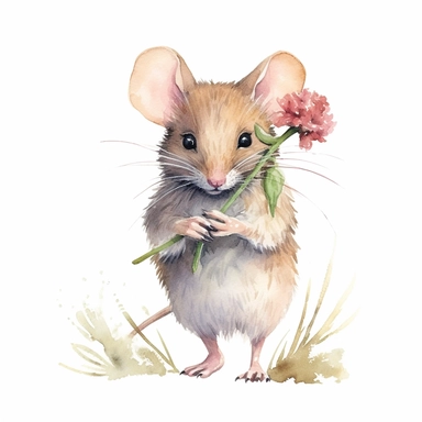 Mouse holding Flower Clipart, watercolor, realistic, standing between grass, white background