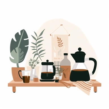 in clipart style, A minimalist, bohemian-inspired scene against a clean white backdrop. The main elements of the scene are a selection of coffee-making essentials: a vintage percolator, a simple French press, a Chemex pour-over glass, Add a few bags of coffee beans, The design should focus on the beauty of these elements without additional clutter, creating an aesthetic that celebrates coffee in its simplest, most authentic form.