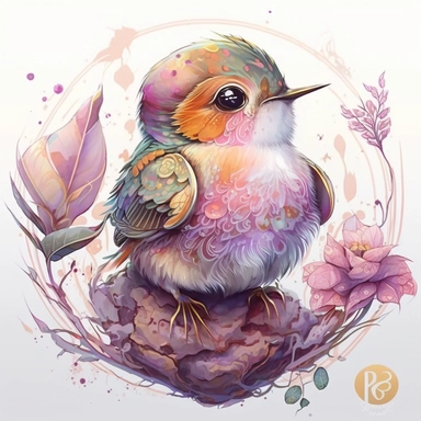 watercolor baby humming bird clipart, full body, chibi, Nursery Art, Nursery Decor, dreamy eyes, magical, high rendering, central focus, scenic background, intricate details, kawaii chibi, by Ross Tran, retro,pink light golden, Cinematic feel, tiger, Tropical,floral, colourfull,