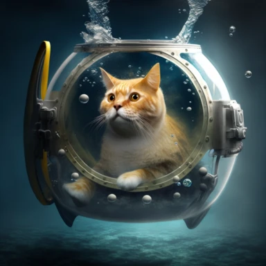 a cat in a submersible, clipart, in deep ocean--no text.