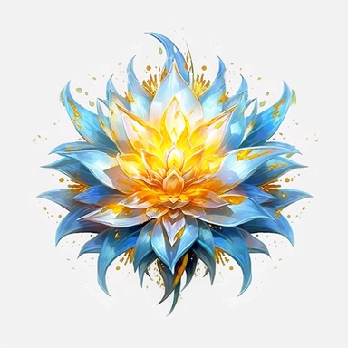 PIERCING snow lotus banana oak tree, oak white fire BLUE flame, light, golden sun, mighty flowers, pristine, sparkling, white flame, fire light mega epic flowers of epicness, cool and spiky, owning everything, floral art, no background, beautiful, no text, clipart, watercolor