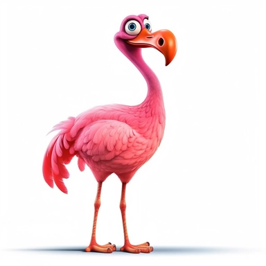 clipart of a crazy pink flamingo, there is a funny face on it, long skinny legs, cartoon, for kids, funny, pixar, 8k, white background, sharp focus, detailed,