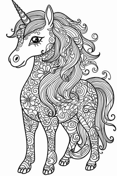 cute unicorn playing depicted in the style of clipart, white background, vector lines, in the style of a coloring book, thick, clear,lines, black and white,