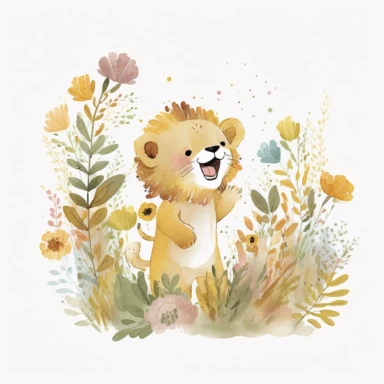 The watercolor clipart illustration shows a baby lion playing in a natural setting. The background is a white space to keep the focus on the cute baby lion. The colors are warm and inviting, with shades of yellow, brown, and white. The baby lion is depicted in a playful and happy way, with its mouth open in a smile and its paws stretched out. This would be a perfect watercolor clipart for kids to enjoy and learn about lions.