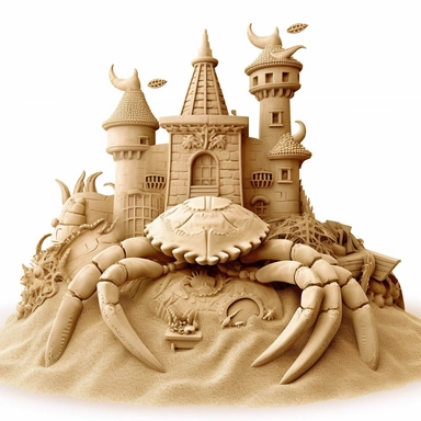 Clipart,An intricate sandcastle built by a crabs, hyperrealistic, hyper high definition