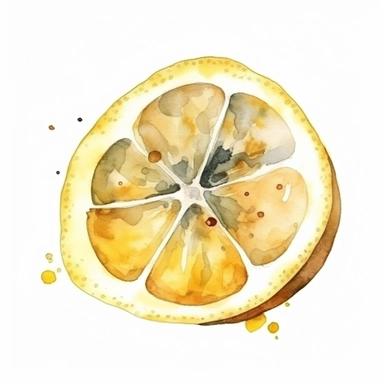 A halved lemon with visible seeds and juice , watercolor clipart, transparent background, watercolor and black ink, illustration for children's book, margin, no text.
