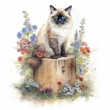 Watercolor Painting of Ragdoll cat sitting on stump surrounded by wild Texas Flowers, on white background good anatomy, DETAILED ILLUSTRATION, Flemish Baroque, Rococo, white background, Intricate Detailed, Soft Light Effect, Oil Paint Strokes, Light Academia Aesthetic Flowers, Lighting cinematic, all shown shimmering stamens, tyndall light, texture, colorful, 8k, fantasy, ray tracing, vivid, spectacular lighting, octane rendering, highly detailed, ultra - realistic, white background, clipart, su