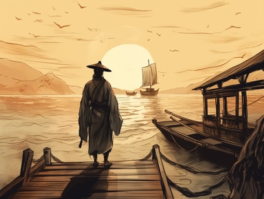 The back of a man in ancient costume with a bun is on the side of the wooden ship, and a man in a robe with a bun is waving to him on the distant shore. soft illumination, Impressionism style, Traditional Chinese Ink painting, Clipart, no background, trending in Artstation