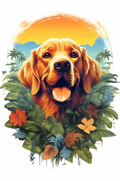 white background, dog, 3d, super closeup, sticker, photorealistic, artwork of t shirt graphic of majestic forest, in digital painting style , beautiful flowers, sunset mountains and clouds , big vines, plants sorround, highly detailed clean, vector image, photorealistic masterpiece, professional photography, realistic, flat white background, isometric, vibrant vector, clipart, illustration, realism, 4k, , cinematic, front view, paradise, extremely white background