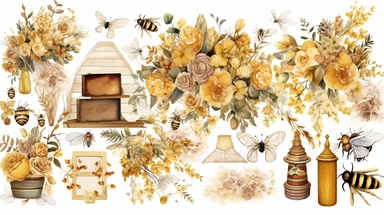 Watercolor honey bee clipart, beehives and flower arrangements, in the style of luxurious fabrics, golden hues, storybook-like, bloomcore, gold leaf accents, precis thin lines, pastoral charm, digital print, beatrix potter