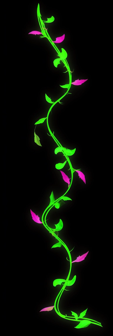 Generate a clipart-style digital image of a single neon vine strand against a transparent background. The vine should be rendered in a bright and vibrant neon color, such as electric green, hot pink, or electric blue, and should have a simple and stylized appearance, resembling a clipart image. The leaves and tendrils of the vine should be simplified and stylized, with clean lines and bold shapes, creating a distinct and recognizable vine silhouette. The neon color should be solid and flat, with