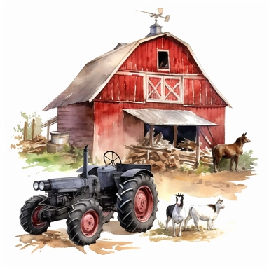 Make a clipart of a watercolor painting of a farm with barn animals and a tractor. no background