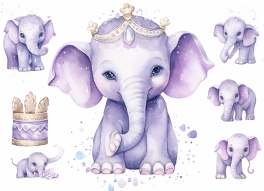 watercolor cute little baby elephant wearing a crown, in the style of light silver and light purple, victorian-inspired illustrations, nature-inspired pieces, 5 sets of clipart of different playful compositions, plush doll art, high resolution, isolated on a white background