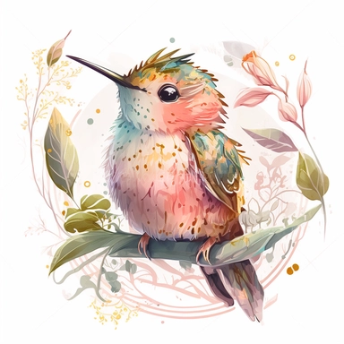 watercolor baby humming bird clipart, full body, chibi, Nursery Art, Nursery Decor, dreamy eyes, magical, high rendering, central focus, scenic background, intricate details, kawaii chibi, by Ross Tran, retro,pink light golden, Cinematic feel, tiger, Tropical,floral, colourfull,