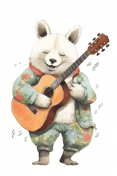 drawing of funny animals musician, white background, clipart, in unicake colors, layered composition, muted color palette, in the style of Ghibli, Pixar, Ukiyo - e, Wabi - sabi,