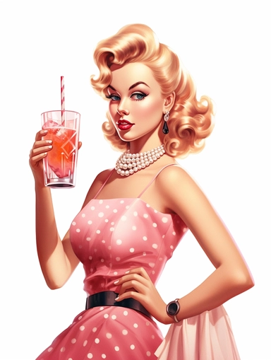 portrait of a stunning housewife drinking cocktail against white background, in the style of vintage-inspired pin-ups, realistic figures, polka dot madness, pink and amber, against white background clipart png