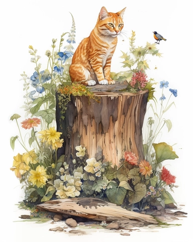 Watercolor Painting of ginger cat sitting on stump surrounded by wild Texas Flowers, on white background good anatomy, DETAILED ILLUSTRATION, Flemish Baroque, Rococo, white background, Intricate Detailed, Soft Light Effect, Oil Paint Strokes, Light Academia Aesthetic Flowers, Lighting cinematic, all shown shimmering stamens, tyndall light, texture, colorful, 8k, fantasy, ray tracing, vivid, spectacular lighting, octane rendering, highly detailed, ultra - realistic, white background, clipart, sur
