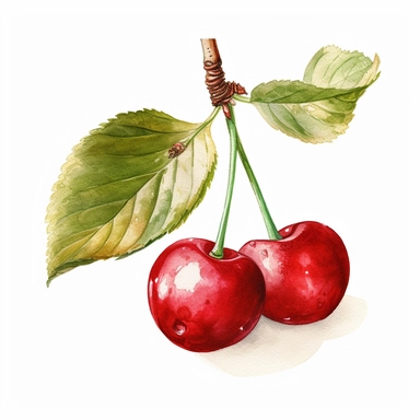 A delightful watercolor clipart of a cherry, elegantly displayed against a clean white background. The watercolor technique beautifully captures the vibrant red color of the cherry, with soft brushstrokes that bring out its glossy sheen and plumpness. The clipart showcases the intricate details of the cherry, from its round shape to the subtle variations in color on its skin. The white background creates a visually striking contrast, allowing the cherry to take center stage and evoke a sense of 
