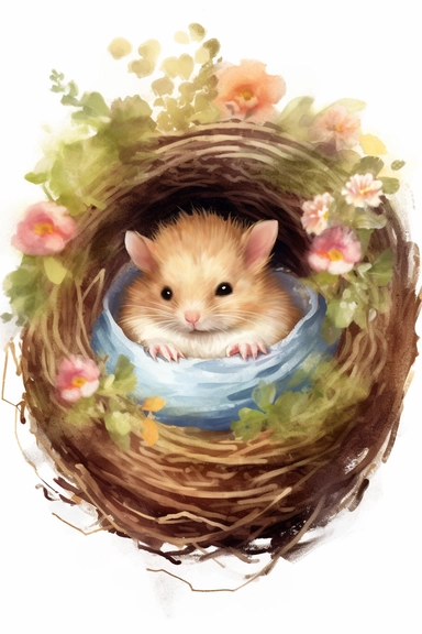 Create a watercolor clipart picture of a baby hamster sleeping cozily in its tiny nest, white background. The hamster should have a cute expression, with its fur depicted in soft watercolor textures. Surround the crib with small flowers and greenery, adding a whimsical touch to the scene.